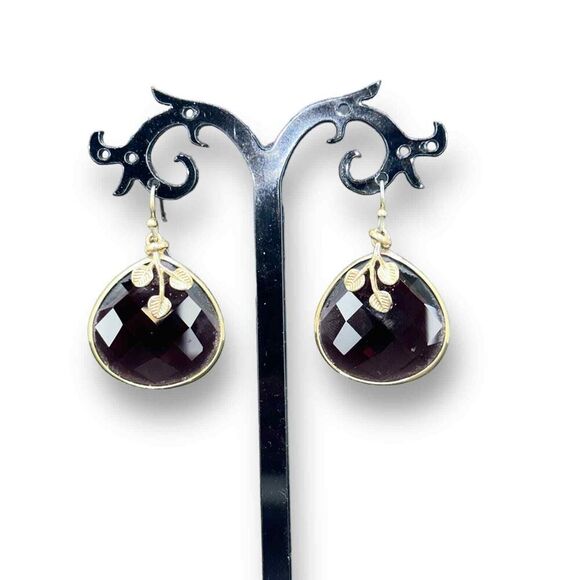 Purple Faceted Glass Teardrop Dangle Earrings over Gold Plated - Picture 1 of 7